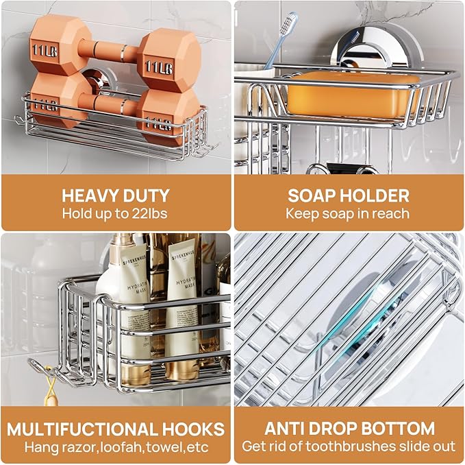 LEVERLOC Shower Caddy Suction Cup, 3 Pack Heavy Duty Bathroom Organizer For Inside Shower With Hooks & Soap Holder, Removable Bathroom Organizer, Rustproof Silver Holder Storage Storage,Silver