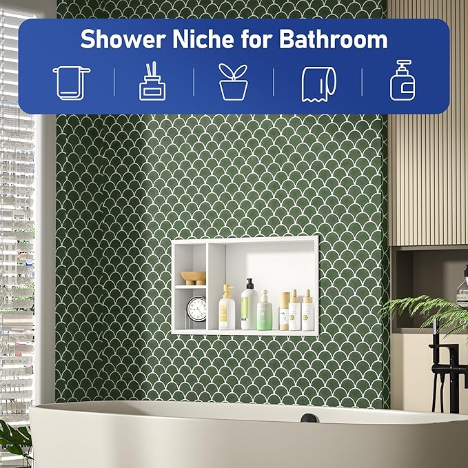 Stainless Steel Shower Niche 24" X 12" White No Tile Needed Horizontal Niche Shower with Shelf Recessed Wall Niches for Bathroom Storage