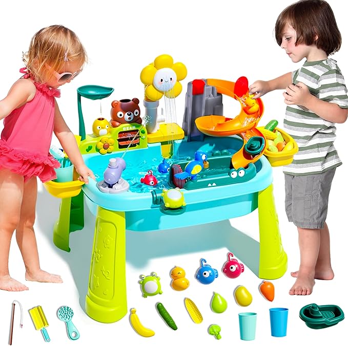 2026 Water Table for Kids Ages 3+ with Pump, Sensory Tables with Play Vegetables, Tableware & Fishing Game, Outdoor Toy Summer Beach for Kids Boys Girls Age 3+