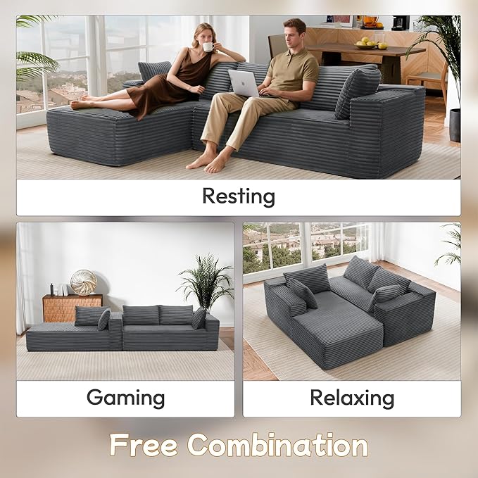 105" Cloud Sectional Couch with L-Shape Chaise,Modern Modular Sofa with Deep Seat, Fluffy Boneless Couches for Living Room Bedroom,No Assembly Required, Dark Gray (Plush Flannel Fabric)