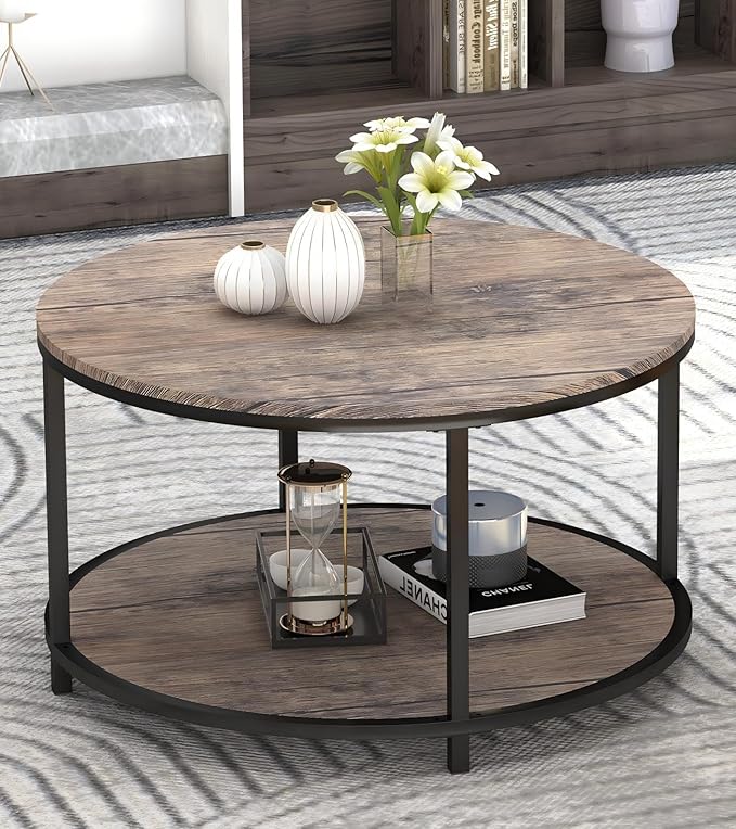 Round Coffee Table, Rustic Wooden Surface Top & Sturdy Metal Legs Industrial Sofa Table for Living Room Modern Design Home Furniture with Storage Open Shelf (Walnut, 27.6 in)