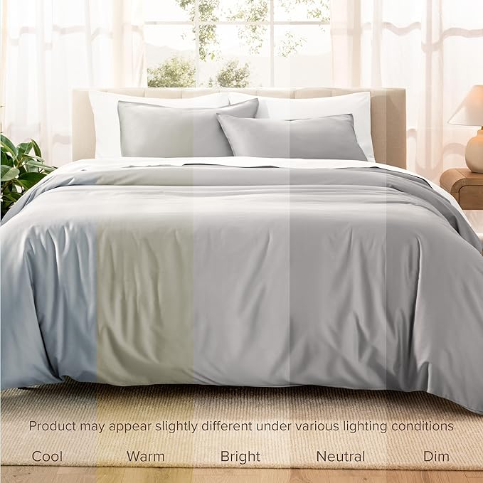 Bare Home 100% Organic Cotton Sateen Duvet Cover Set - Full/Queen Size - 400 Thread Count - Smooth Sateen Weave - Warm & Luxurious - Duvet Cover (Full/Queen, Light Grey)