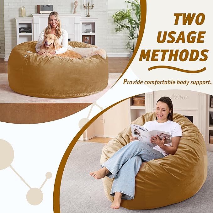4FT Bean Bag Chair with Ultra Soft Velvet Cover Bean Bag Sofa with Memory Foam Bean Bag Chairs with Large Size Lazy Sofa for Dorm Office Living Room Bedroom Camel 4'