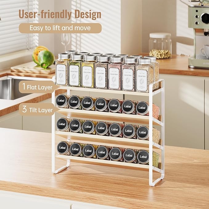 MUDEELA 4 Tier Spice Rack Organizer for Cabinet, Vertical Spice Shelf, Wooden Material, Seasoning Organizer for Countertop, Kitchen, Pantry, Freestanding, 13.4" W × 11.2" H (No Jars Included), White