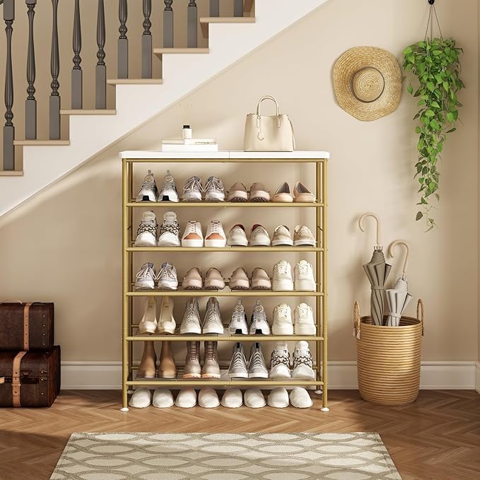 Shoe Rack Organizer 6 Tier for Closet Entryway Free Standing Metal Storage Shoe Shelf with MDF Top Board，Gold