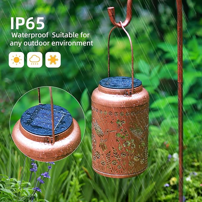 2Pack Hummingbird Solar Lanterns Outdoor Waterproof Lantern Garden Decor Gifts for Women Mom Grandma Hanging Solar Lights Metal Decoration Christmas Outside for Yard, Patio,Porch, Tabletop, Pathway