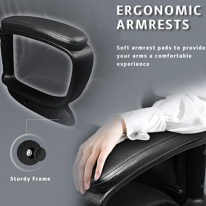 LEMBERI Office Desk Chair, Big and Tall Managerial Executive Chair, High Back Computer Chair, Ergonomic Adjustable Height PU Leather Chairs with Cushions Armrest for Long Time Sitting (Black)