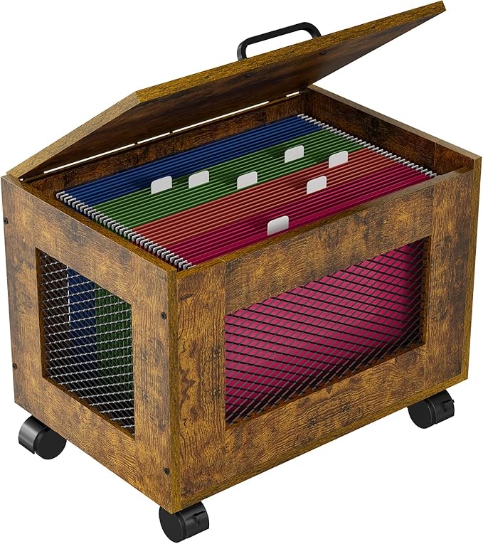 Rolling File Cabinet Cart, Hanging File Organizer Box with Lid for Home Office, Small Filing Cabinet on Wheels Under Desk, Mobile Decorative Document Storage Basket for Letter & Legal Size