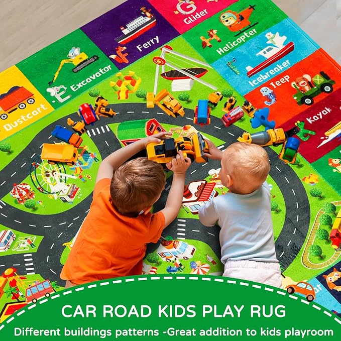 Kids Rugs Traffic Road Carpet Play Rug 59"×39.4" for Playroom Transportation ABC Educational Mat Alphabet Area Rug, Kids Playtime Collection Toddler Car Track Rug Cute Cartoon Animal Letters