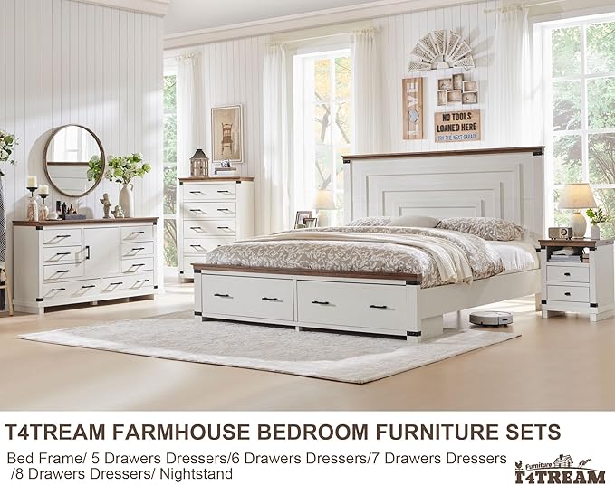 T4TREAM Farmhouse King Size Bed Frame with 54" Tall Geometric Headboard & 2 Large Storage Drawers, Rustic Wood Platform Bed with Wood Slats Support, No Box Spring Needed, Antique White