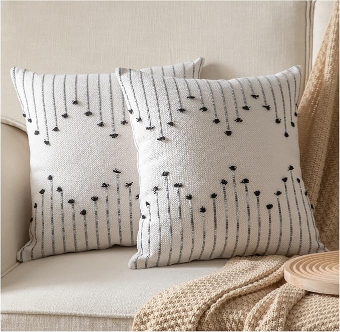 Caflife Boho Throw Pillow Covers 20x20 Set of 2 Decorative Pillows for Bed, Neutral Pillow Covers Beige with Black Line Throw Pillows for Modern Farmhouse Couch Sofa Living Room Outdoor