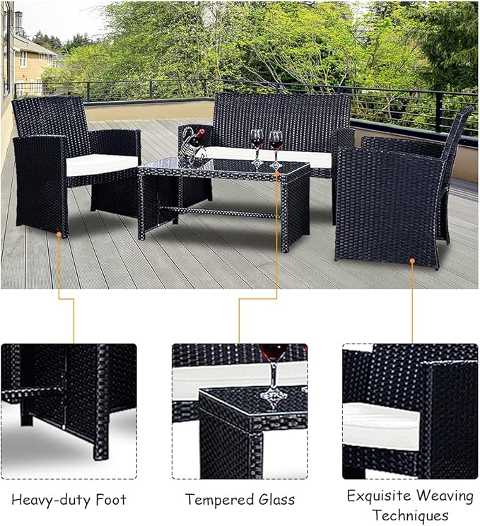 Goplus 4-Piece Rattan Patio Furniture Set, Outdoor Wicker Conversation Sofa with Weather Resistant Cushions and Tempered Glass Tabletop for Lawn Backyard Pool Garden (White(Black Wicker))