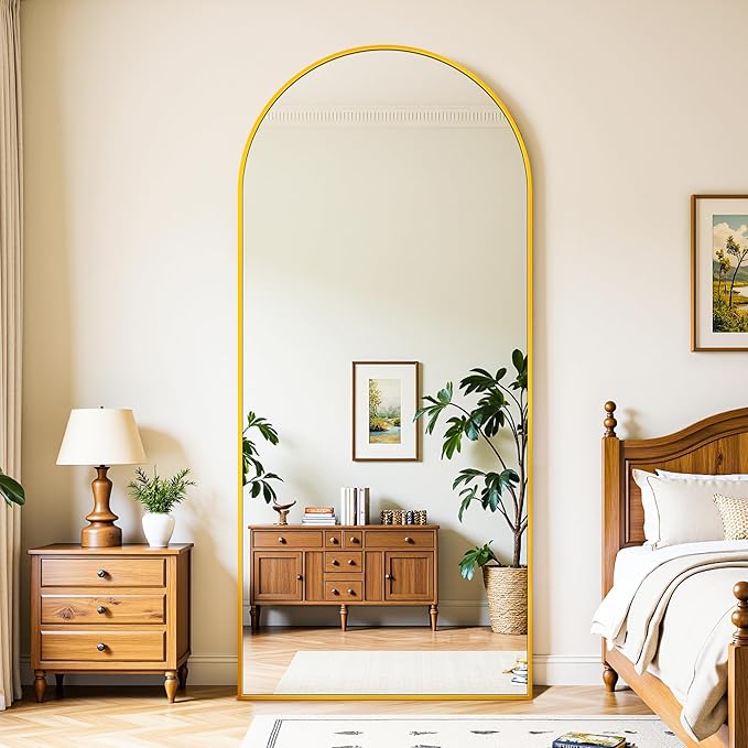 Full Length Mirror, 71"x32" Oversized Floor Mirror Freestanding, Full Body Mirror Floor Standing Mirrors with Stand, Hanging Mounted Mirrors for Bedroom Living Room, Gold, Arched Style