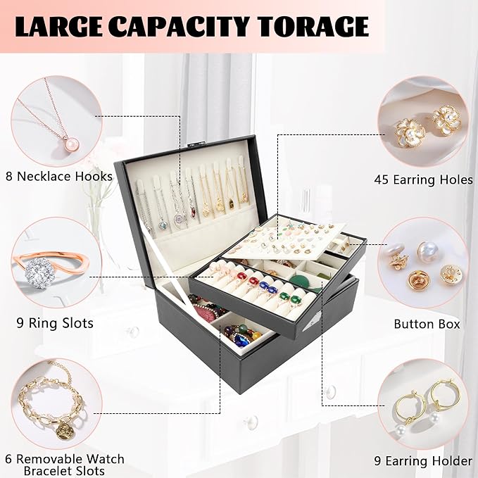 Homeanda Jewelry box 2 layer Jewelry box Leather Jewelry boxes for Women Girls Teens Jewelry organizer box Jewelry Storage box with lock(Black)