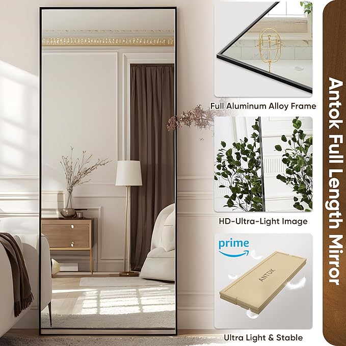 Antok Full Length Mirror, 58"x18" Floor Mirror with Stand, Hanging Mounted Mirrors for Bedroom, Living Room, Cloakroom, Dining Room, Black, Rect