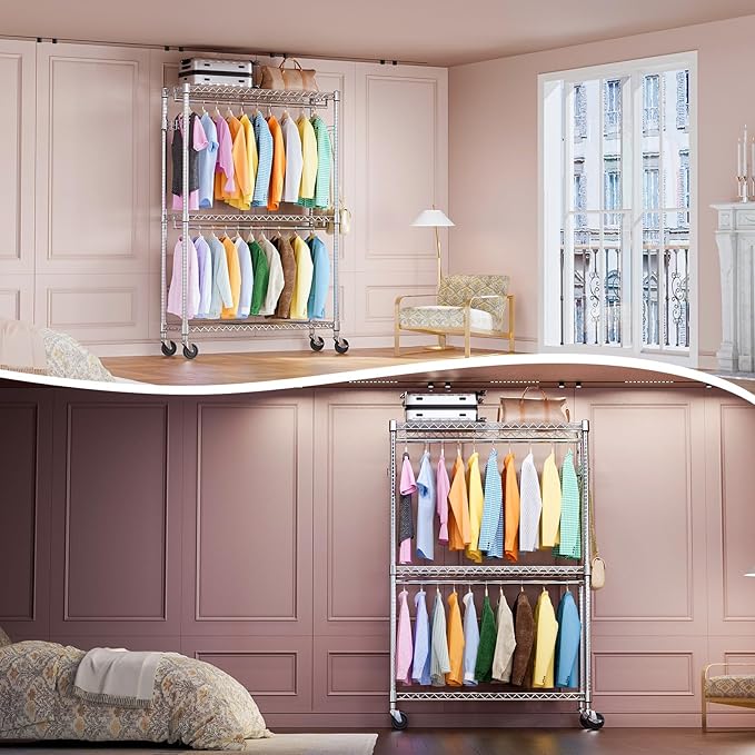 IZEUK Heavy Duty Garment Rack on Wheels, Rolling Closet Rack for Hanging Clothes with 2 Clothes Rods, 3 Tiers & Side Hooks, Freestanding Adjustable Metal Wardrobe,15.7" D x 45.3" W x 79.6" H, Chrome