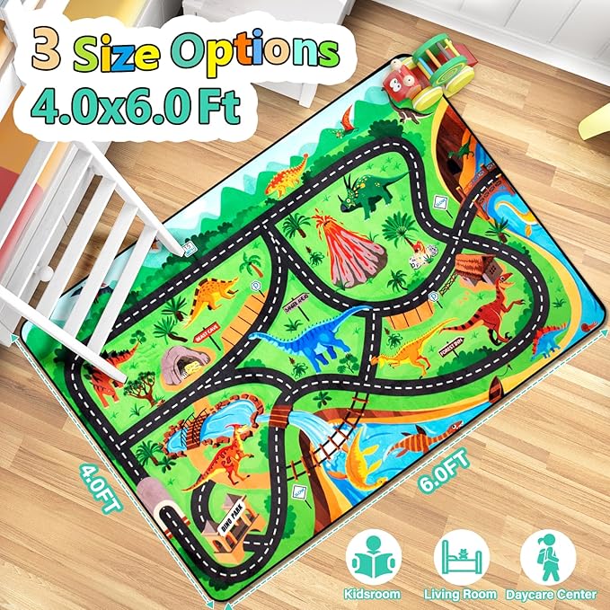 Kids Rug, Car Carpet for Kids' Toy Cars, 4x6 Ft Dinosaur Rug, Dino Safari Road Mat for Playroom, Educational Learning & Game Area Baby Play Mat Carpet for Children