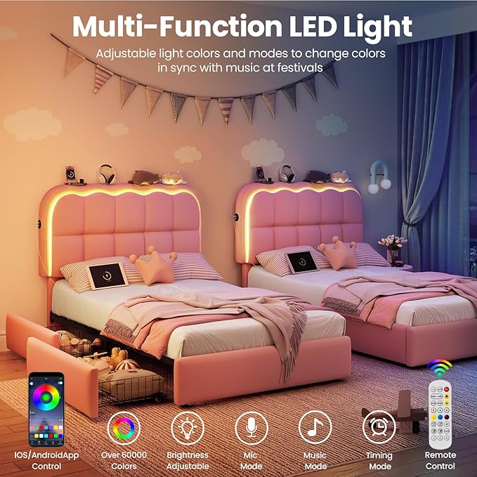 Twin Bed Frame with Storage Drawers and Headborad, Upholstered LED Twin Size Platform Bed Frame for Kids – Sturdy Metal Bed Frame Twin with Wood Slats Support, No Box Spring Needed, Pink