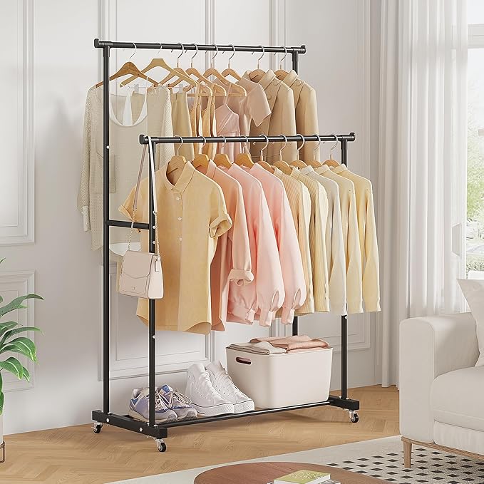 Calmootey Double Rods Clothes Garment Rack, Rolling Clothing Rack for Hanging Clothes, Coat Storage, Organizer for Bedroom, Livingroom, Apartments, Black