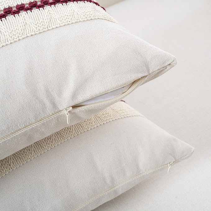 Fancy Homi Set of 2 Burgundy Boho Long Lumbar Decorative Throw Pillow Cover 12x24 Inch for Couch Bed Sofa, Aesthetic Modern Farmhouse Christmas Room Decor, Soft Cotton Cute Wind Red Cushion Case