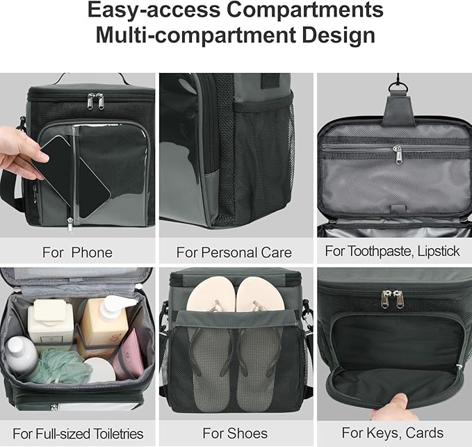 F-color Hanging Shower Caddy Portable - College Dorm Essentials for Girls Guys with Hooks, Soft Crossbody Shoulder Strap, Multiple Pockets, Quick-Dry Shower Bag for Dorm Travel Essentials, Dark Grey