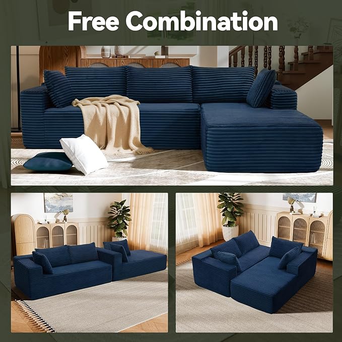 Modern Cloud Modular Sectional Sofa with Chaise, 106" L-Shaped Sofa Couch for Living Room, Deep Seat Plush Boneless Couches, Includes Pillows, Left Chaise, Blue