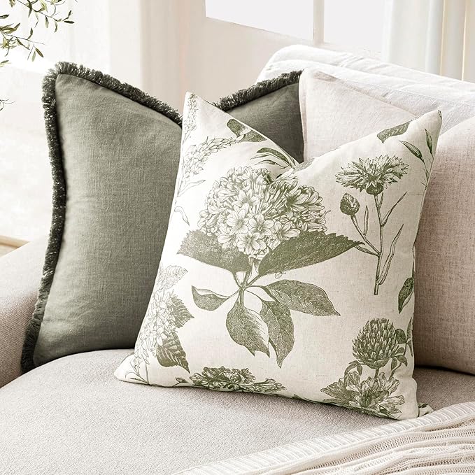 Foindtower Set of 2 Linen Floral Throw Pillow Covers Neutral Vintage Print Decorative Cushion Covers Farmhouse Boho Home Decor for Sofa Chair Couch Bedroom Living Room Outdoor,22×22 Inch,Sage Green
