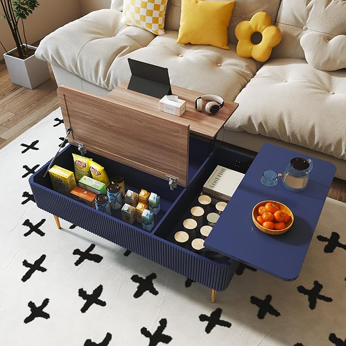 HLR 47" Dual Lift Top Coffee Table with Storage, Modern Wood Fluted Coffee Table with Hidden Compartment for Living Room, Office, Blue