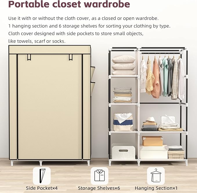 Calmootey Portable Closet Organizers, Clothing Storage, Wardrobe with 6 Shelves and Hanging Rod, Non-Woven Fabric Cover with 4 Side Pockets, Beige