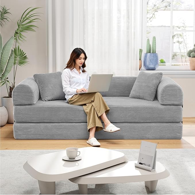 Rovibek 4-in-1 Convertible Sleeper Sofa Bed Queen Size, Foldable Floor Couch Corduroy, Folding Futon Sofa Beds with Pillow and Fixed-Shape Frame, Suitable for Living Room, Bedroom, Lounge, Light Grey