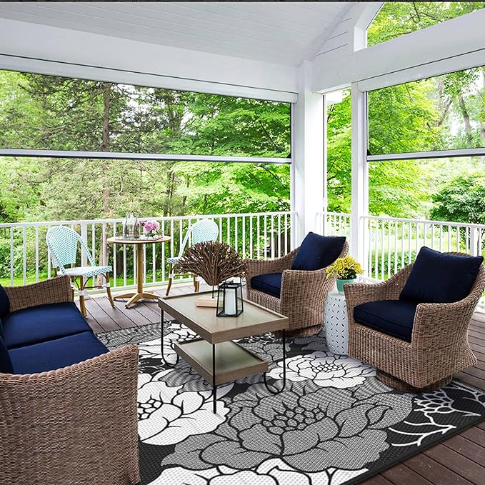 GENIMO Outdoor Rug Waterproof for Patio Decor, 5' x 8' Reversible Plastic Straw Floral Camping Carpet, Large Area Rugs Mats for RV, Camper, Deck, Balcony, Porch, Beach, Picnic, Mix-Black & White