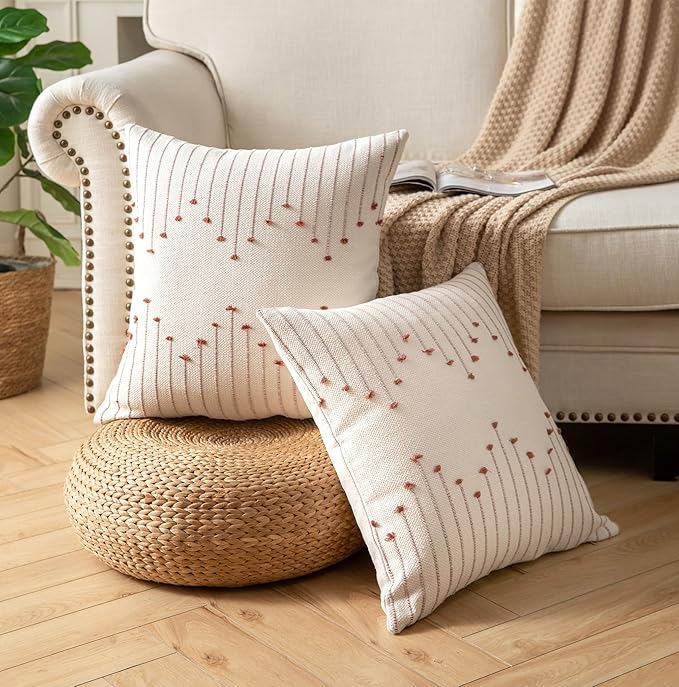 Caflife Boho Throw Pillow Covers 18x18 Set of 2 Decorative Pillows for Bed, Neutral Pillow Covers Beige with Rust Line Throw Pillows for Modern Farmhouse Couch Sofa Living Room Outdoor