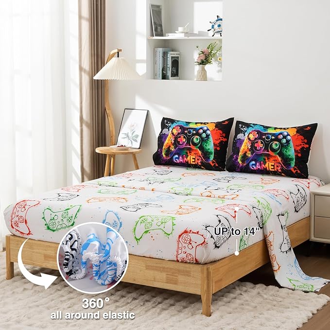 NTBED Game Console Comforter Set for Boys Girls Kids Tie Dye GamingLightweight Microfiber Gamer Bedding Sets (Multi, Full 5Pcs)