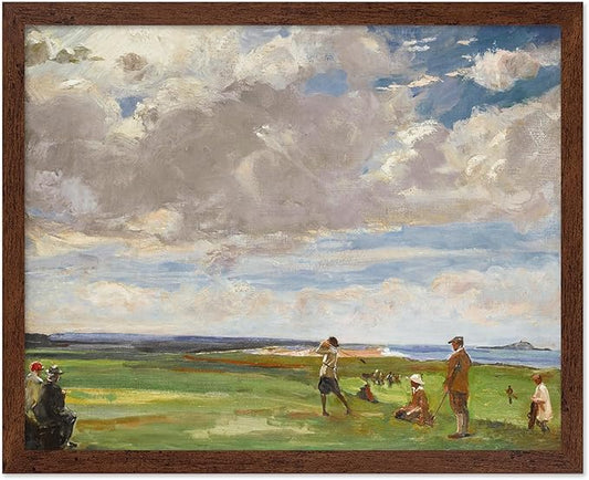 Poster Master Vintage Lady Astor Playing Golf at North Berwick Painting - Retro Golf Course Print - Sports Art - Landscape Art - Office or Living Room Decor, 8x10 Brown Framed