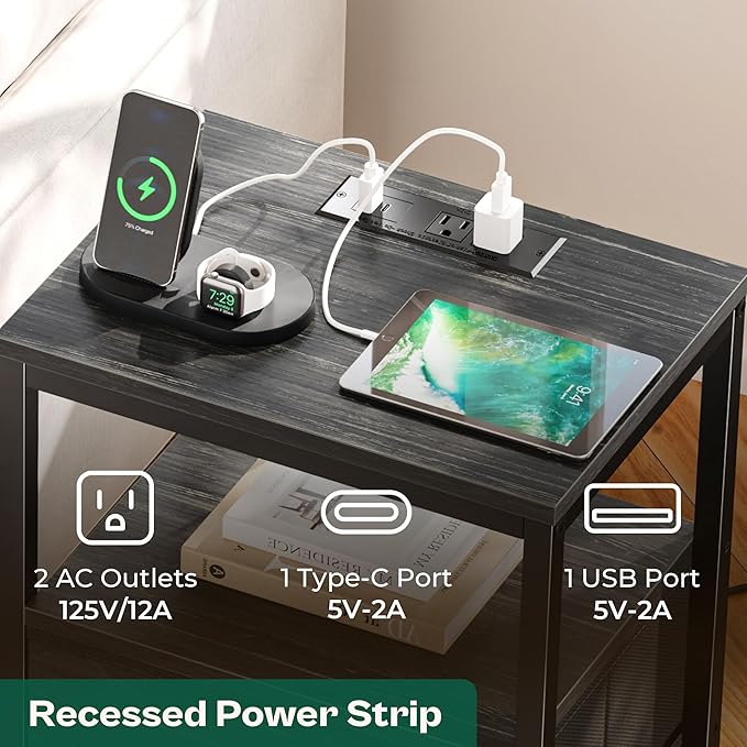 Huuger Nightstand with Charging Station, Fabric Drawers, End Table with Open Shelf, Bedside Table with USB Ports and Outlets, Night Stand for Bedroom, Charcoal Black Wood Grain Print