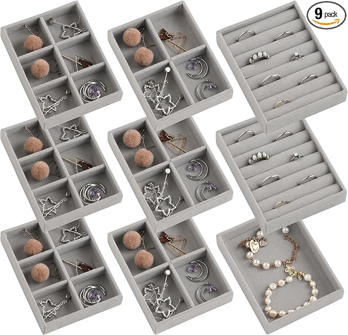 Frebeauty Small Jewelry Tray Set, Stackable Velvet Jewelry Organizer, Drawer Inserts, 4.92 x 3.74 x 0.9 Inches, Earring Organizer for Women (Set of 9, Grey)
