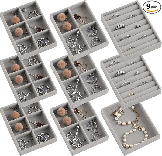 Frebeauty Small Jewelry Tray Set, Stackable Velvet Jewelry Organizer, Drawer Inserts, 4.92 x 3.74 x 0.9 Inches, Earring Organizer for Women (Set of 9, Grey)
