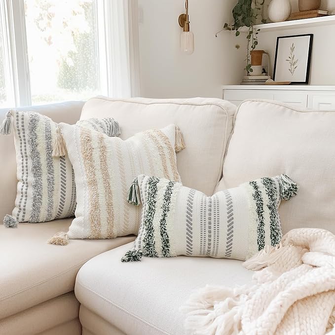 decorUhome Decorative Boho Throw Pillow Cover 12x20, Lumbar Accent Neutral Textured Tufted Pillow Cover Striped for Couch Bed Sofa, Khaki and Cream White, Pack of 1