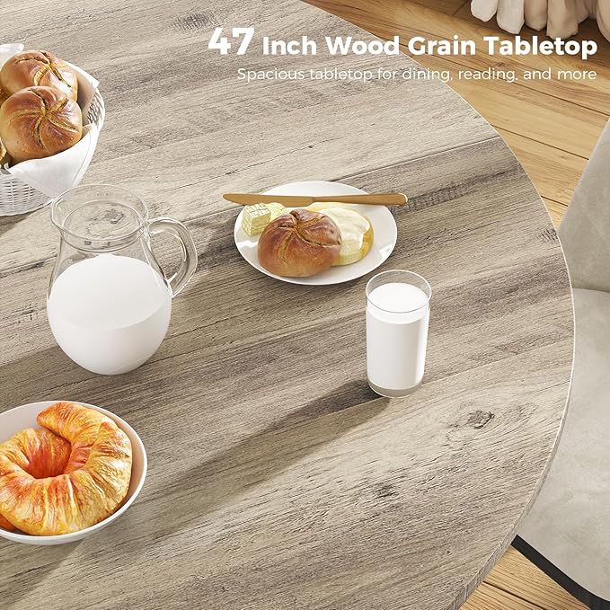 Unovivy 47" Round Dining Table for 4-6, Space Saving Circle Kitchen Dinner Table, Industrial Mid Century Modern Dining Room Desk for Kitchen, Apartment, Light Ivory