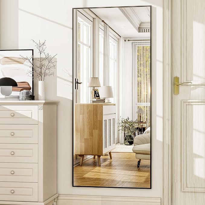 HARRITPURE 21"x56" Full Length Mirror Floor Rectangle Mirrors Aluminum Frame Standing Wall & Leaning Large Dressing Mirror for Living Room Bedroom Cloakroom,Black