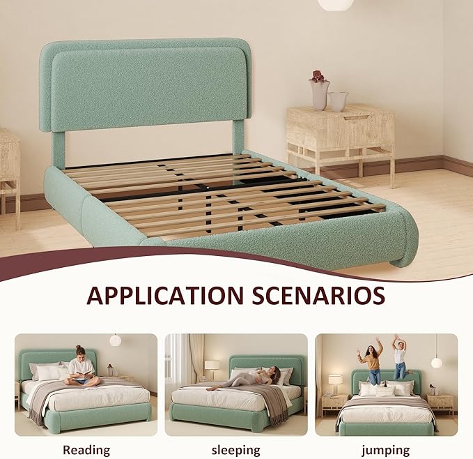 King Boucle Platform Bed Frame with Height Adjustable Headboard, Modern Upholstered Cloud Bed, Sleek Curved Design, No Box Spring Needed, Easy Assembly, Noise Free, Green