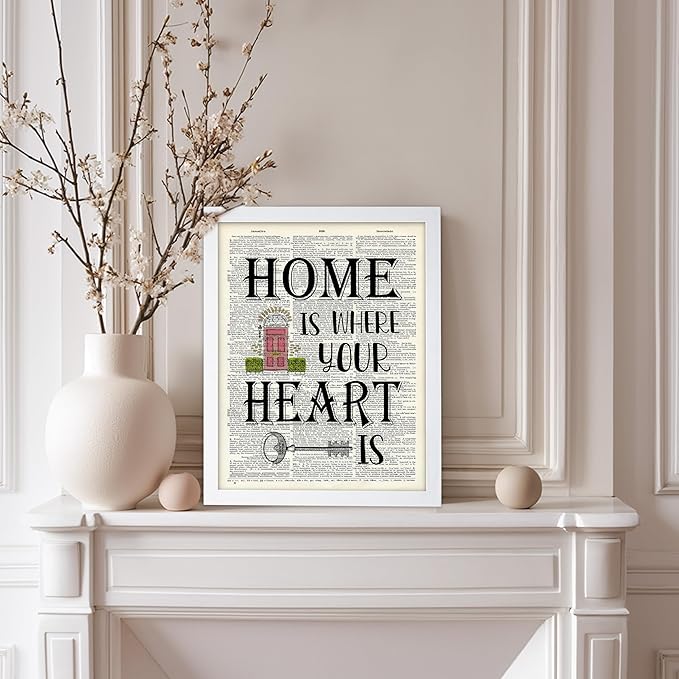 Poster Master Dictionary Art Poster - Home Is Where Your Heart Is Print - Motivational Art - Gift for Men & Women - Inspiring Wall Decor for Dorm, Bedroom or Living Room, 11x14 White Framed