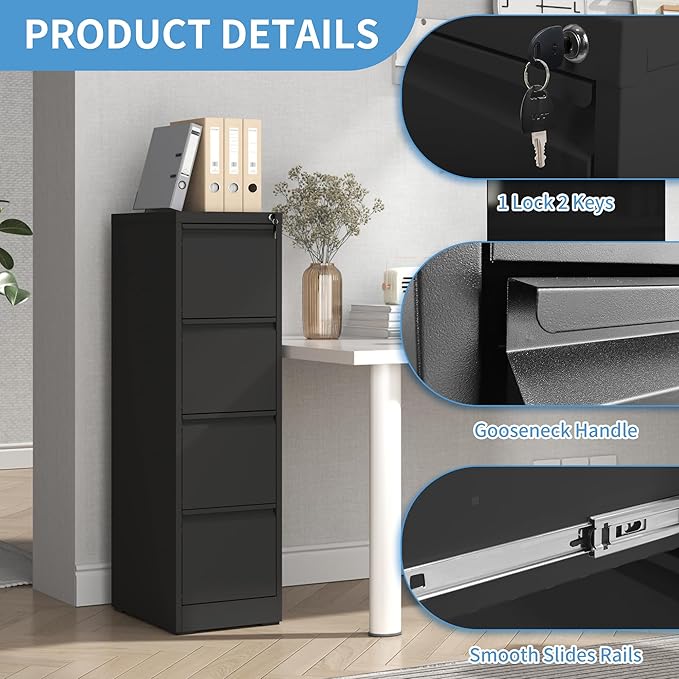 AQY 4 Drawer File Cabinet with Lock, Metal Filing Cabinets for Home Office, 18" Deep Vertical Storage Drawer for Hanging A4/Letter/Legal Size Files, Assembly Require