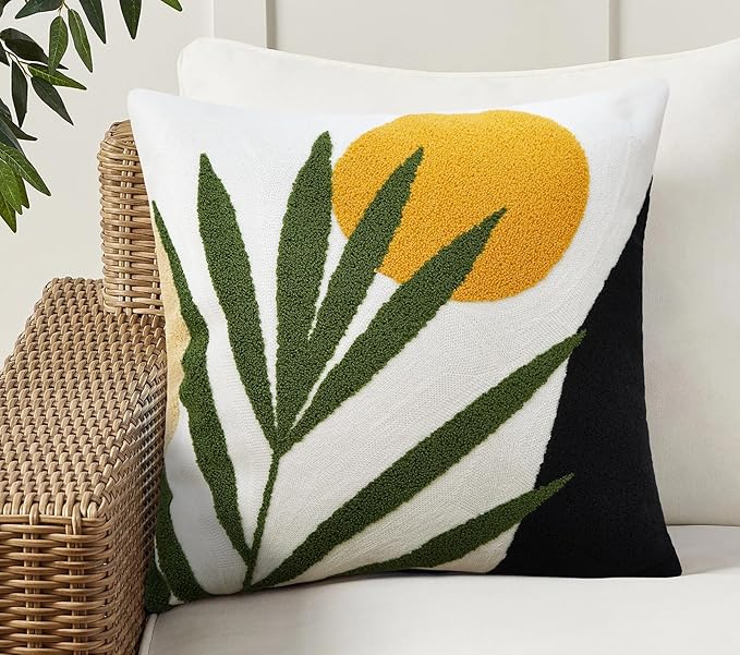 Merrycolor Boho Decorative Throw Pillow Covers Abstract Tufted Mid Century Modern Throw Pillows Leaf Sun Aesthetic Textured Pillow Cover Green Decorative Throw Pillows for Bed Couch Sofa,18x18