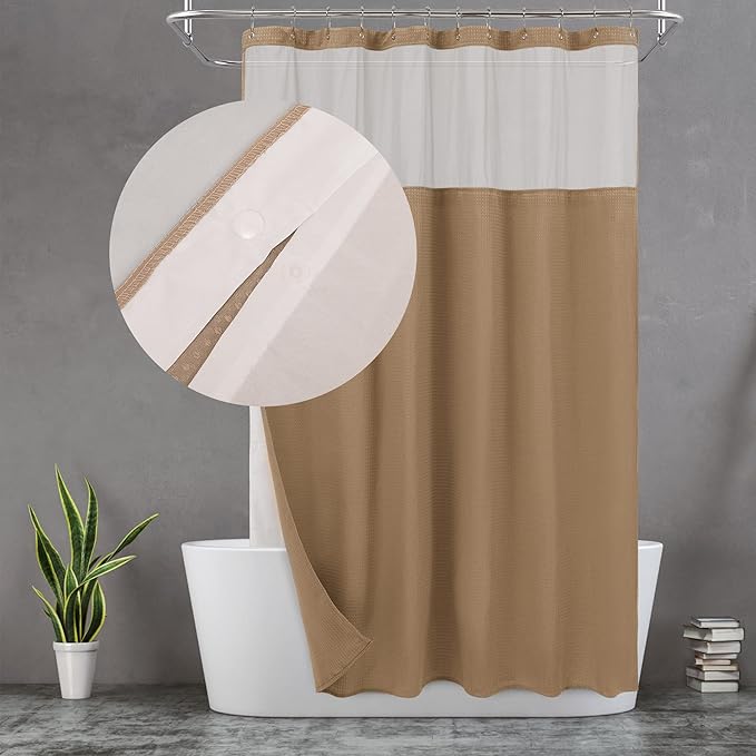 N&Y HOME Waffle Weave Shower Curtain with Snap-in Fabric Liner & 12 Metal Hooks Set - Hotel Style, Waterproof & Washable, Heavyweight Fabric & Mesh Top Window - 71x72, Coffee Brown