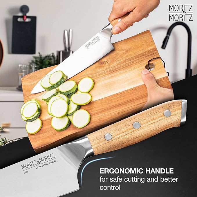 Moritz & Moritz 8-Inch Chef’s Knife, German Stainless Steel Kitchen Knife with Acacia Wood Handle, Professional All-Purpose knives for Slicing, Chopping & Dicing, Razor Sharp & Ergonomic