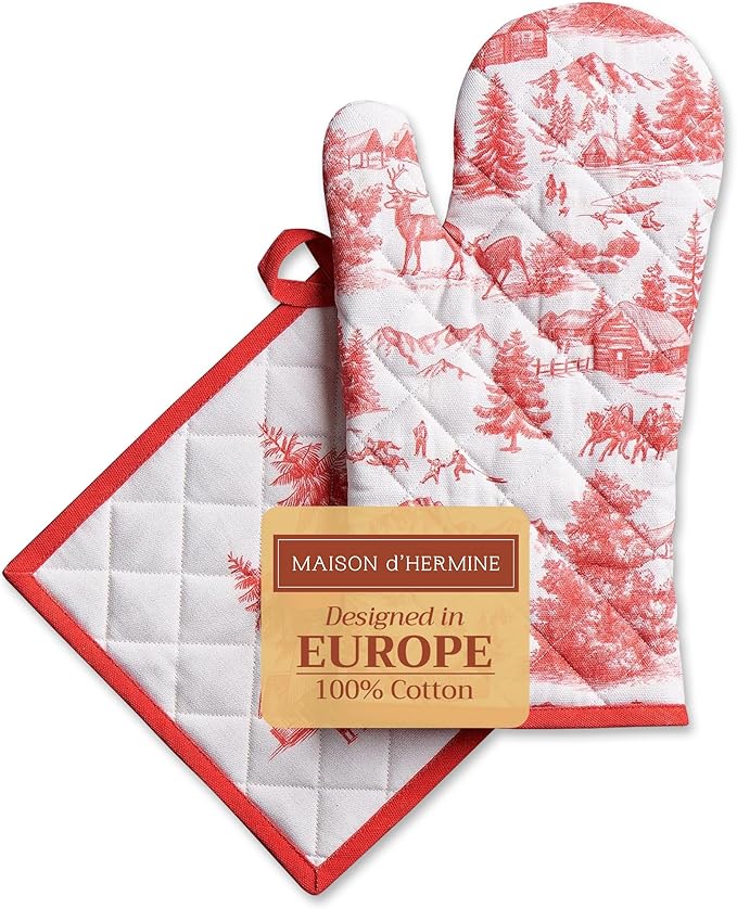 Maison d' Hermine 100% Cotton Oven Mitt & Pot Holder Set (7.5"x13" & 8"x8") Heat Resistant BBQ Cooking Gloves with Loop for Thanksgiving Christmas Decorations Handling Hot Pans (Winter Jouy)