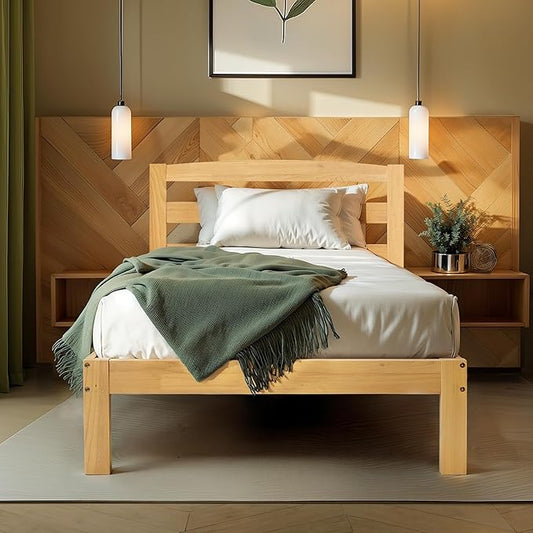 Hokway Wood Twin Bed Frames with Headboard-No Wobble,Noise-Free,Easy Assembly with Precise Holes,12 in Reinforced Center Legs,No Box Spring Needed,Natural