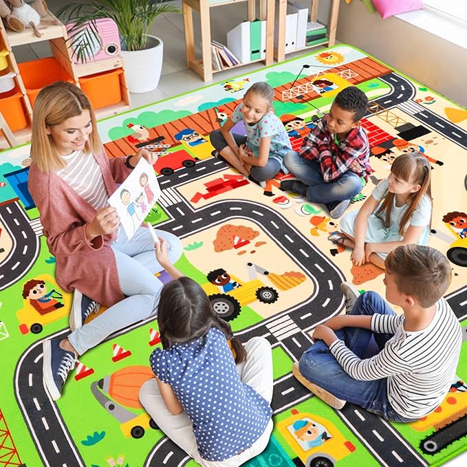 Kids Rug Play Mat for Toy Cars, 59"×39.4" Construction Site Road Traffic for Playroom Kids City Engineering Car Road Play Mat Non-Slip Washable Carpet Toddlers Boys Room Family Playtime
