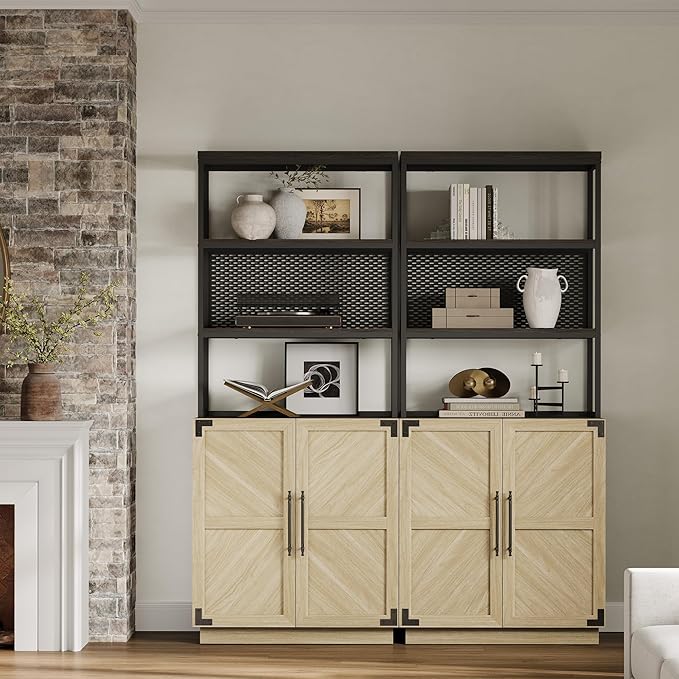 SICOTAS Tall Bookshelf with Storage Cabinet - Modern Book Shelf with Doors and Shelves, 5 Tier Bookcase with Metal Frame Industrial Large Book Case for Home Office, Living Room, 75 Inch, Sand Beige